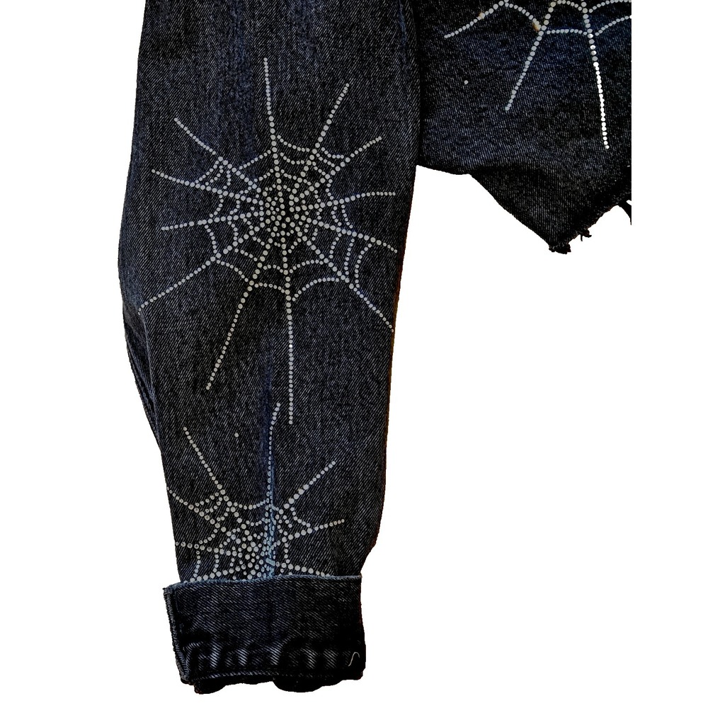 Zara Black Rhinestone Spiderweb Cropped Denim Jacket Goth Alt Y2K Medium - Picture 6 of 8